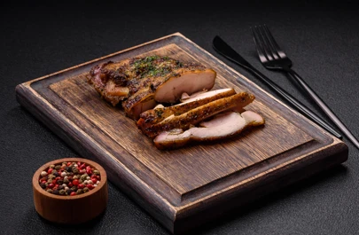 Delicious juicy beef chicken steak with salt spices herbs