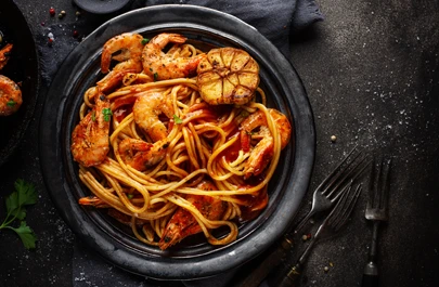 Pasta spaghetti with shrimps sauce