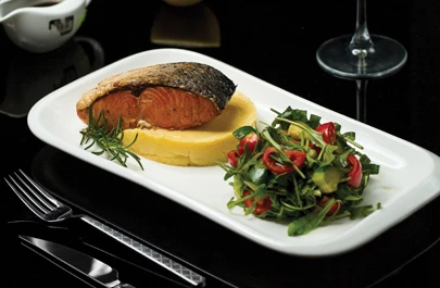 Plate grilled salmon fillet with spices green salad served with glass italian wine