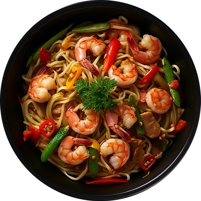 Stir fry noodles with vegetables shrimps black bowl