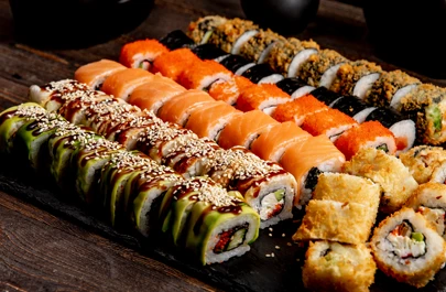 Sushi set hot rolls avocado california salmon rolls